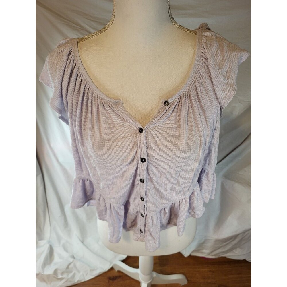Free People Shirt Womens Sz‎ XS Purple Mint Julep Ruffle Peasant Blouse Stretch